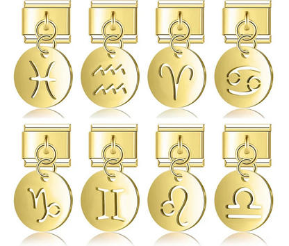 A set of 12 gold zodiac dangle Italian charms on 9mm modular links featuring laser-cut symbols for Pisces, Aquarius, Aries, Cancer, Capricorn, Gemini, Leo, and Libra - Charmtastic