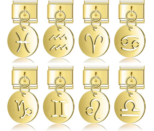 A set of 12 gold zodiac dangle Italian charms on 9mm modular links featuring laser-cut symbols for Pisces, Aquarius, Aries, Cancer, Capricorn, Gemini, Leo, and Libra - Charmtastic