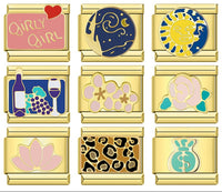 Golden Girly, Sun, Wine, Leopard & Lotus Italian Charms — Gold Enamel Bracelet Links