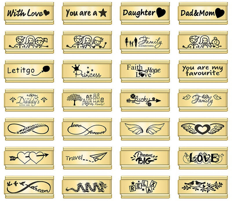 Golden Double charms Love Dream Family Daughter Princess – overview of gold engraved double charms including Princess, Family, Dream Big and Daughter, Italian charm bracelet charms by Charmtastic