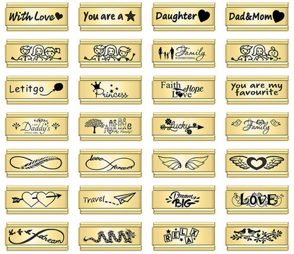 Golden Double charms Love Dream Family Daughter Princess – overview of gold engraved double charms including Princess, Family, Dream Big and Daughter, Italian charm bracelet charms by Charmtastic