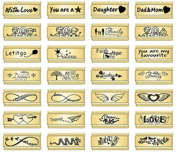 Golden Double charms Love Dream Family Daughter Princess – overview of gold engraved double charms including Princess, Family, Dream Big and Daughter, Italian charm bracelet charms by Charmtastic