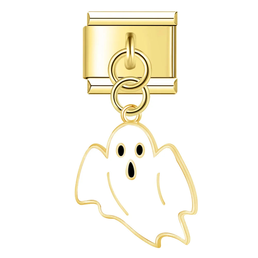 Golden Glaze Halloween Pumpkin Cross charms – gold outline ghost charm, Italian charm bracelet charm by Charmtastic