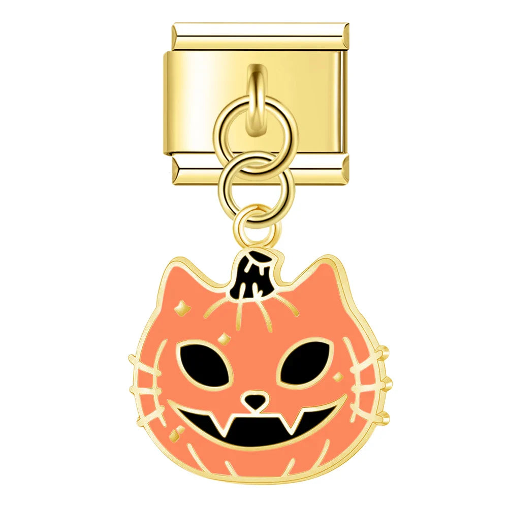 Golden Glaze Halloween Pumpkin Cross charms – orange pumpkin cat face charm, Italian charm bracelet charm by Charmtastic