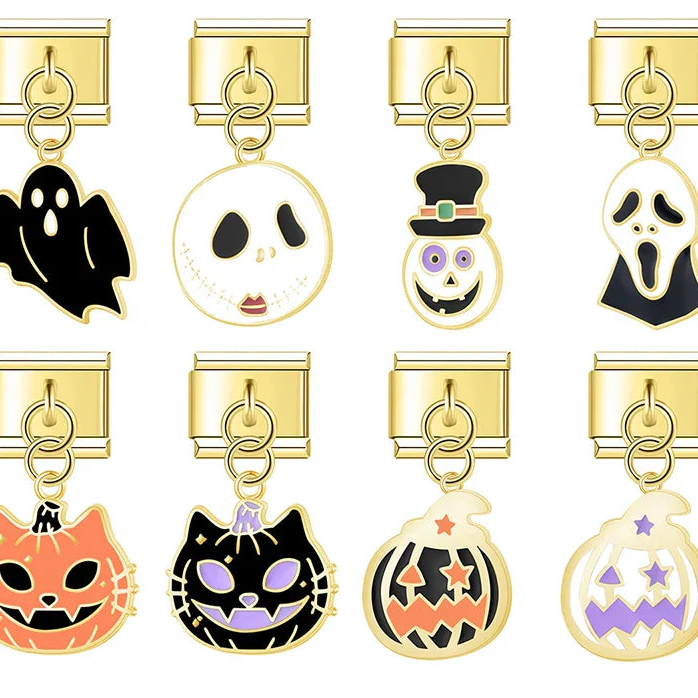 Golden Glaze Halloween Pumpkin Cross charms – overview of ghost, skull, mummy, scream mask, pumpkin cat and jack-o-lantern charm designs, Italian charm bracelet charms by Charmtastic