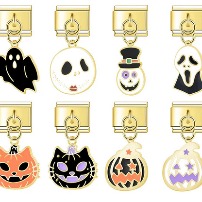 Golden Glaze Halloween Pumpkin Cross charms – overview of ghost, skull, mummy, scream mask, pumpkin cat and jack-o-lantern charm designs, Italian charm bracelet charms by Charmtastic