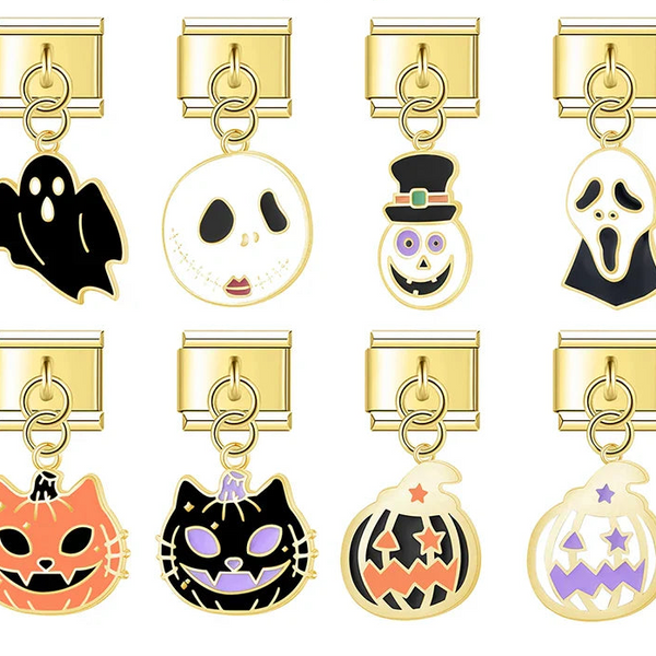 Golden Glaze Halloween Pumpkin Cross charms – overview of ghost, skull, mummy, scream mask, pumpkin cat and jack-o-lantern charm designs, Italian charm bracelet charms by Charmtastic