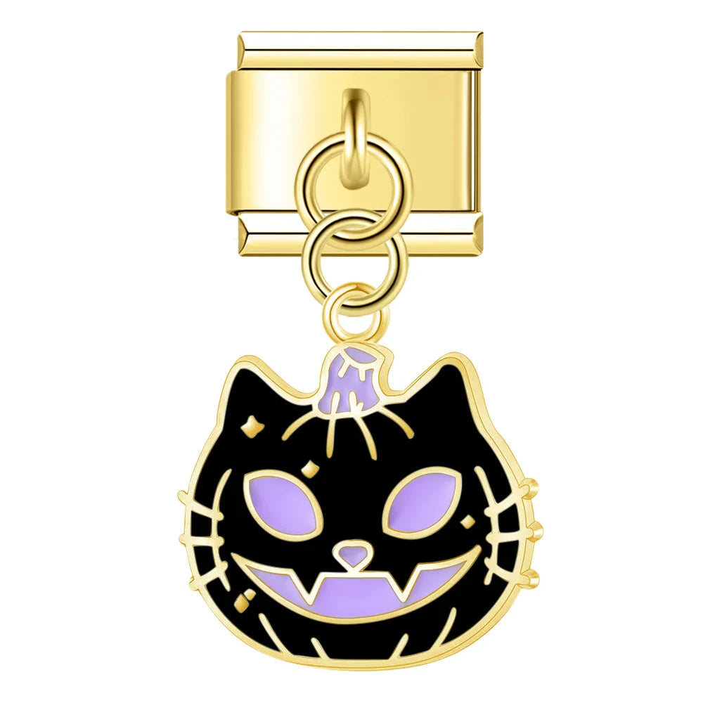 Golden Glaze Halloween Pumpkin Cross charms – purple and black pumpkin cat face charm, Italian charm bracelet charm by Charmtastic