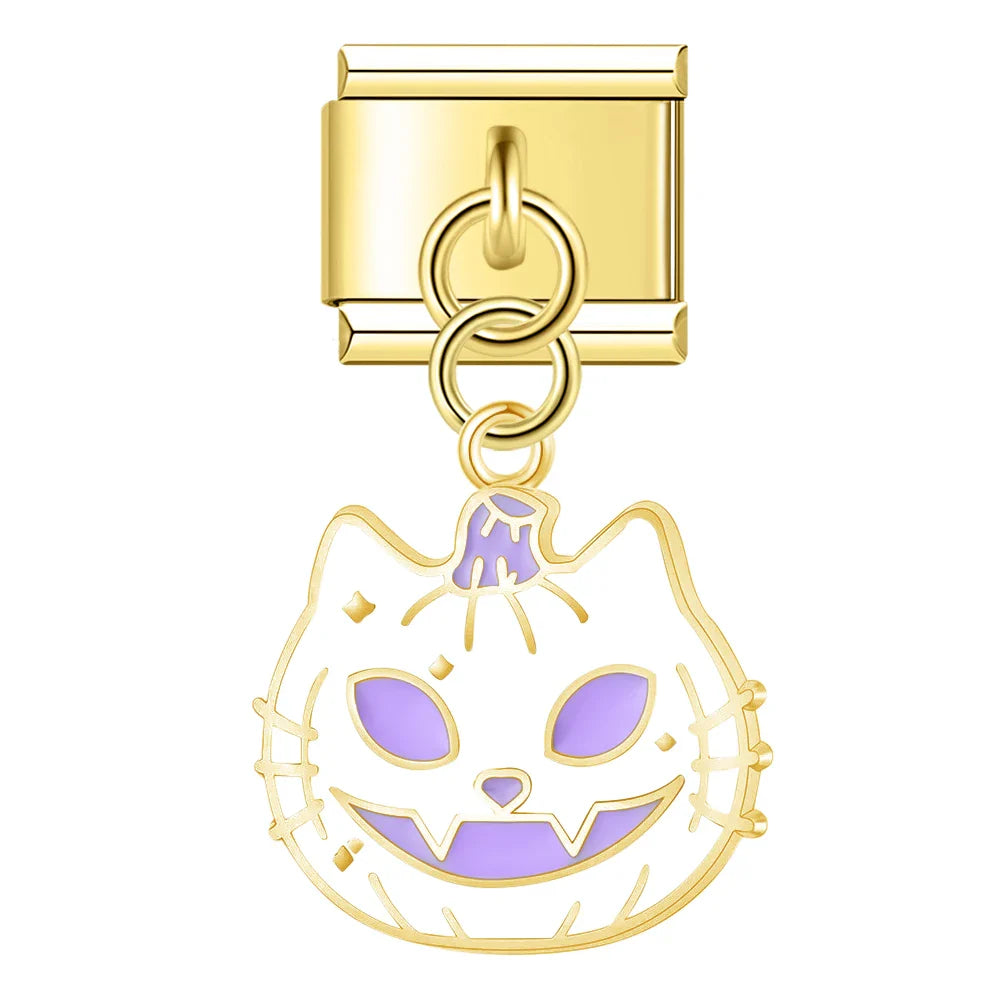 Golden Glaze Halloween Pumpkin Cross charms – white pumpkin cat face charm, Italian charm bracelet charm by Charmtastic