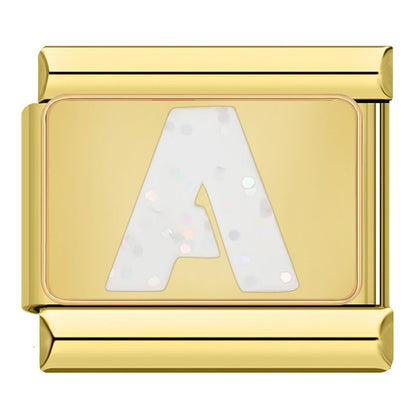 Golden Letter Glitter Italian Charms – gold-framed white glitter letter A enamel charm, Italian charm bracelet charm by Charmtastic