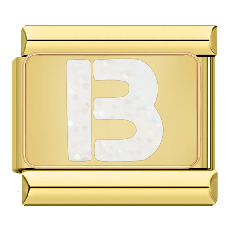 Golden Letter Glitter Italian Charms – gold-framed white glitter letter B enamel charm, Italian charm bracelet charm by Charmtastic