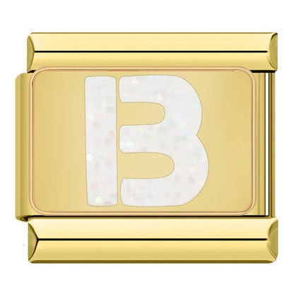 Golden Letter Glitter Italian Charms – gold-framed white glitter letter B enamel charm, Italian charm bracelet charm by Charmtastic