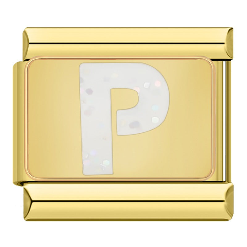 Golden Letter Glitter Italian Charms – gold-framed white glitter letter P enamel charm, Italian charm bracelet charm by Charmtastic