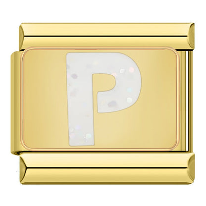 Golden Letter Glitter Italian Charms – gold-framed white glitter letter P enamel charm, Italian charm bracelet charm by Charmtastic