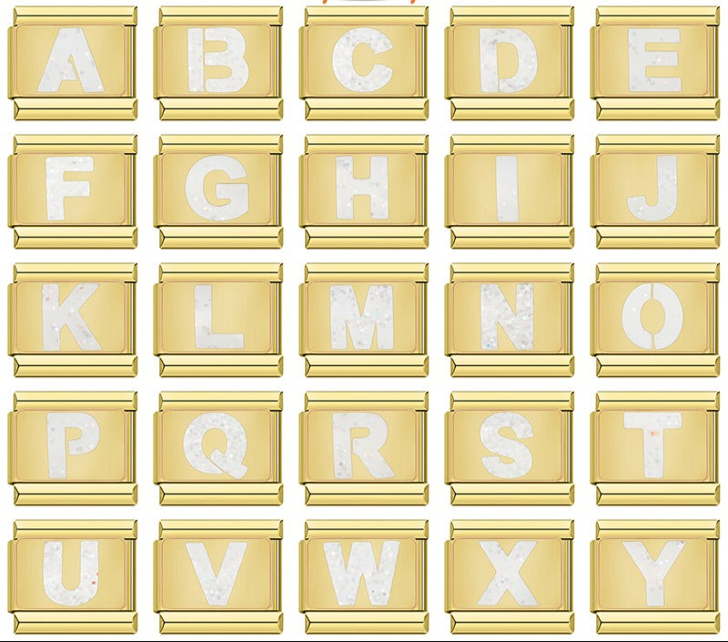 Golden Letter Glitter Italian Charms – overview of gold-framed alphabet enamel charms A through Y with white glitter letters, Italian charm bracelet charms by Charmtastic
