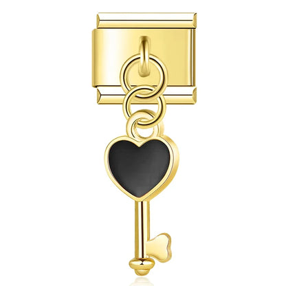 Black heart key gold Italian charm, by Charmtastic