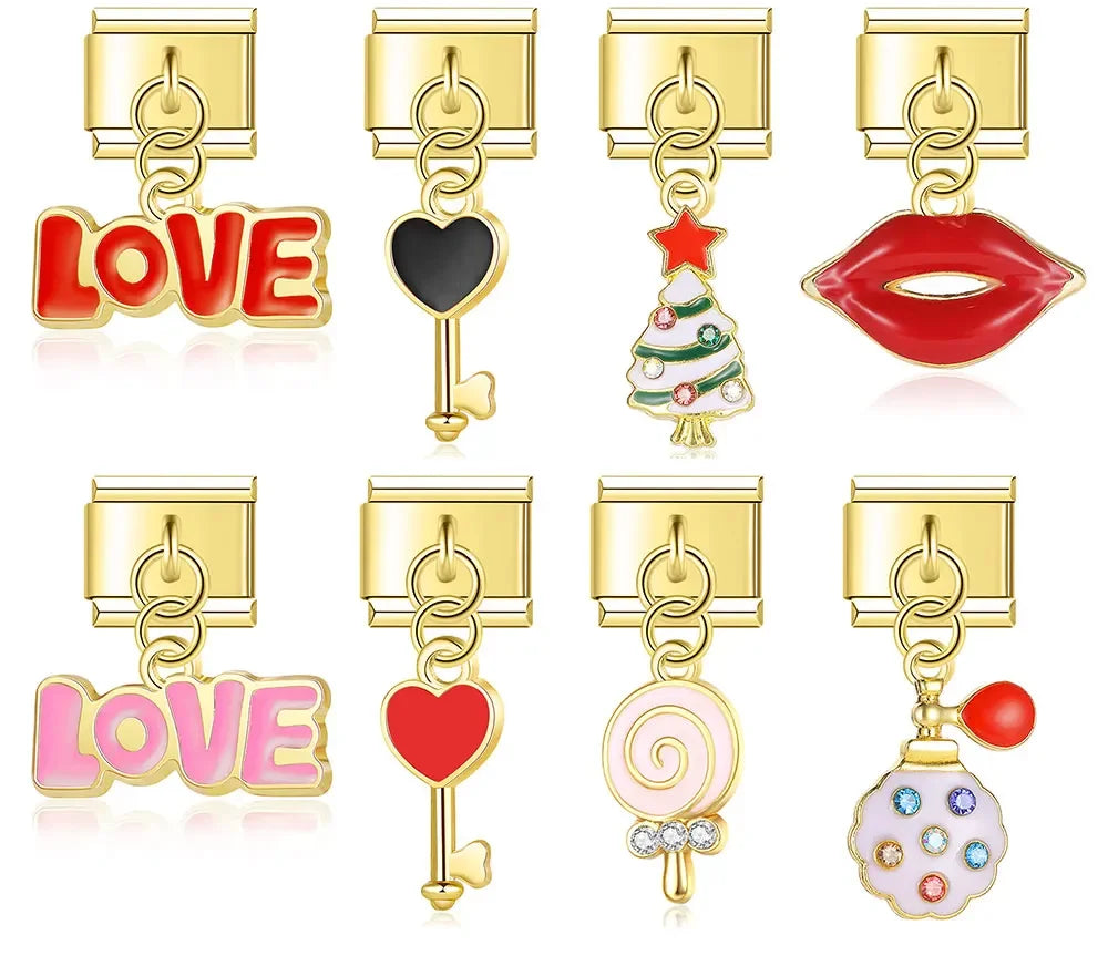 Golden love, kiss and hearts Italian charms, by Charmtastic