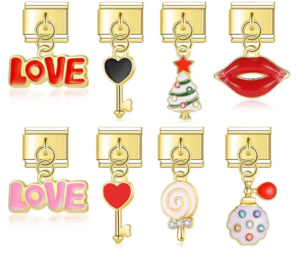 Golden love, kiss and hearts Italian charms, by Charmtastic