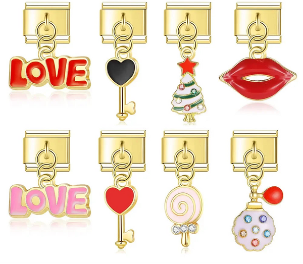 Golden love, kiss and hearts Italian charms, by Charmtastic