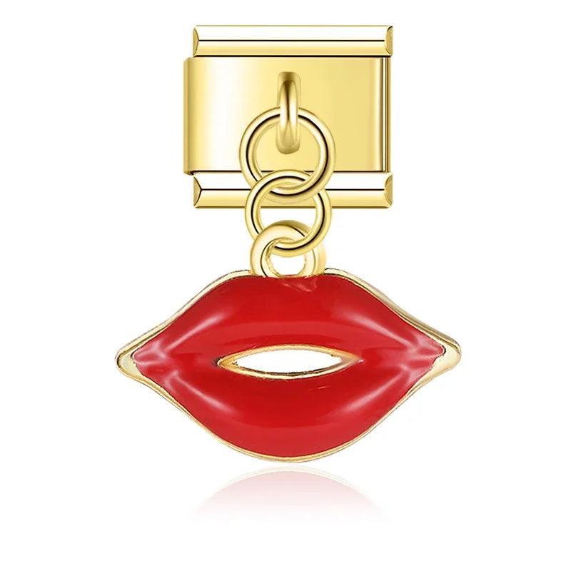 Red lips kiss gold Italian charm, by Charmtastic