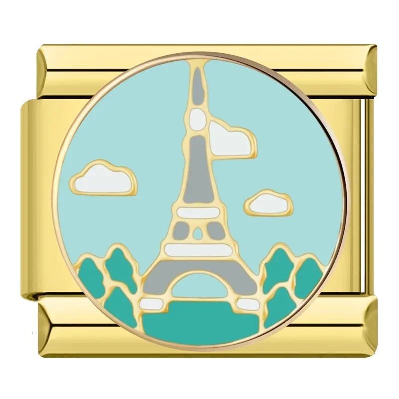 Golden Moon, Heart & Star Charm – gold Eiffel Tower Paris charm on mint green enamel circle, Italian charm bracelet charm by Charmtastic