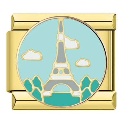 Golden Moon, Heart & Star Charm – gold Eiffel Tower Paris charm on mint green enamel circle, Italian charm bracelet charm by Charmtastic