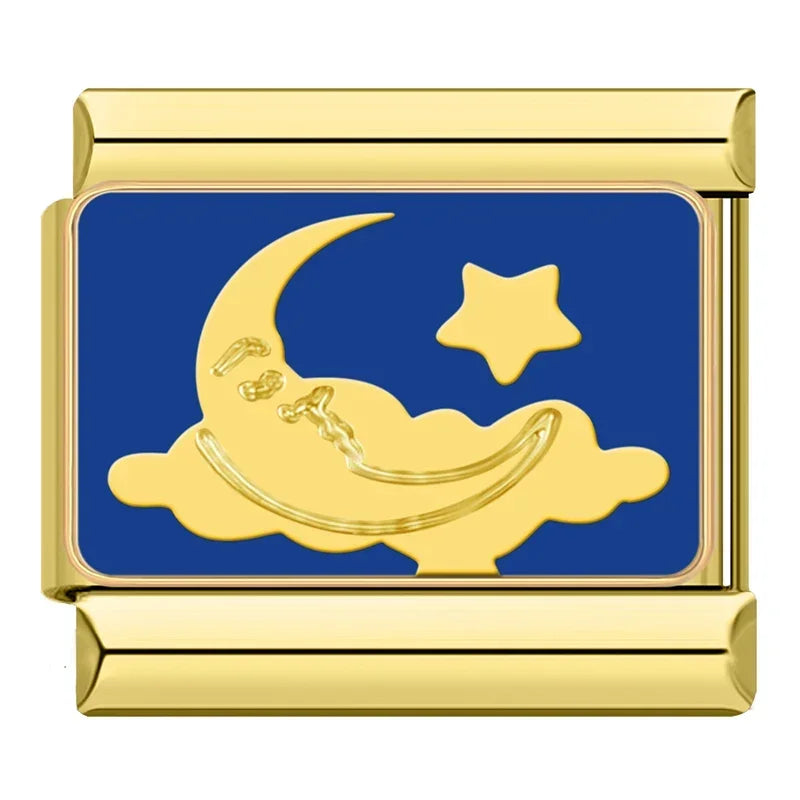 Golden Moon, Heart & Star Charm – gold crescent moon and cloud charm with star on blue enamel, Italian charm bracelet charm by Charmtastic