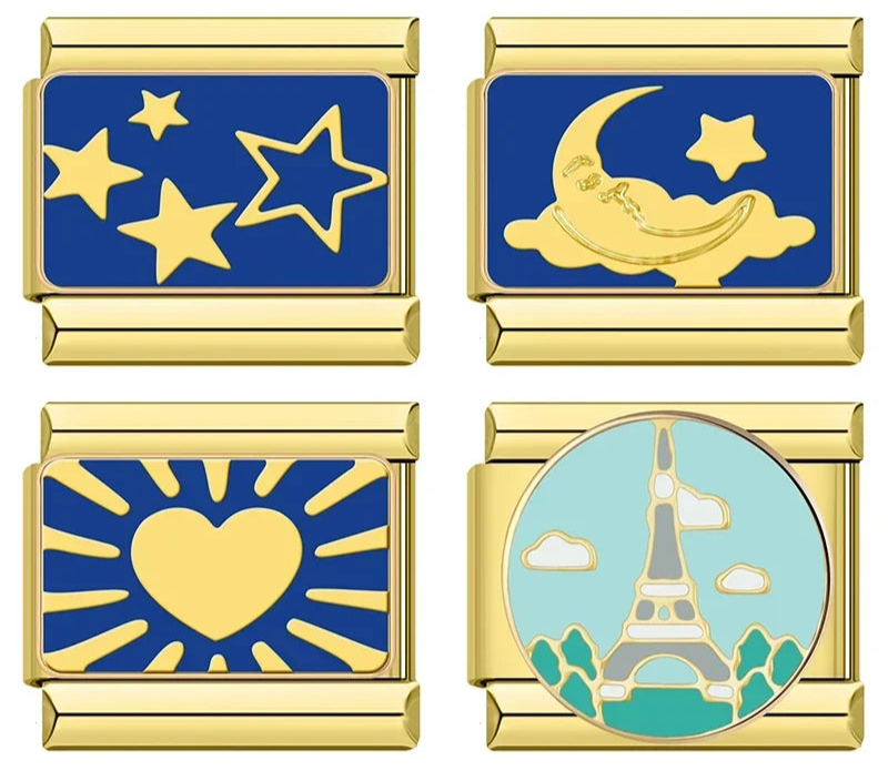 Golden Moon, Heart & Star Charm – overview of gold enamel charms: starry sky, crescent moon & cloud, sunburst heart, and Eiffel Tower, Italian charm bracelet charms by Charmtastic