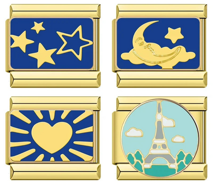 Golden Moon, Heart & Star Charm – overview of gold enamel charms: starry sky, crescent moon & cloud, sunburst heart, and Eiffel Tower, Italian charm bracelet charms by Charmtastic