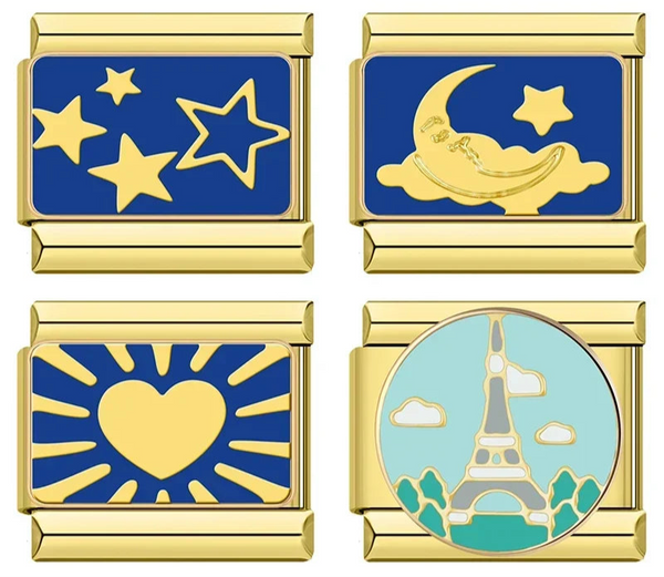 Golden Moon, Heart & Star Charm – overview of gold enamel charms: starry sky, crescent moon & cloud, sunburst heart, and Eiffel Tower, Italian charm bracelet charms by Charmtastic