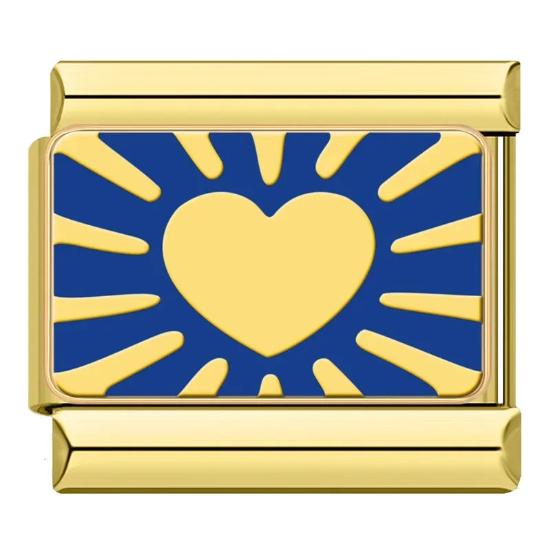 Golden Moon, Heart & Star Charm – gold sunburst heart charm on blue enamel, Italian charm bracelet charm by Charmtastic