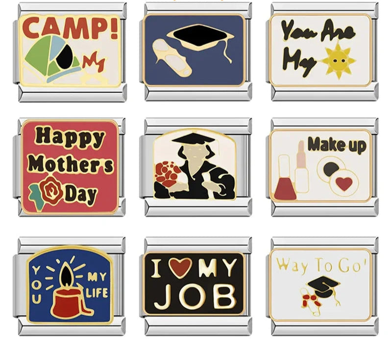 Graduate Makeup Anniversary Panda Dog Dress Charms – overview of 9 enamel charms: Camp, graduation cap, You Are My Sunshine, Happy Mother's Day, graduate with flowers, Make Up cosmetics, You Are My Life candle, I Love My Job, and Way To Go graduation cap, Italian charm bracelet charms by Charmtastic