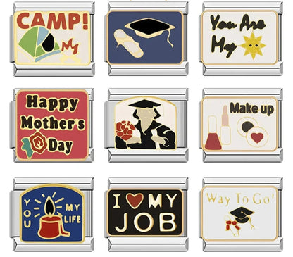 Graduate Makeup Anniversary Panda Dog Dress Charms – overview of 9 enamel charms: Camp, graduation cap, You Are My Sunshine, Happy Mother's Day, graduate with flowers, Make Up cosmetics, You Are My Life candle, I Love My Job, and Way To Go graduation cap, Italian charm bracelet charms by Charmtastic