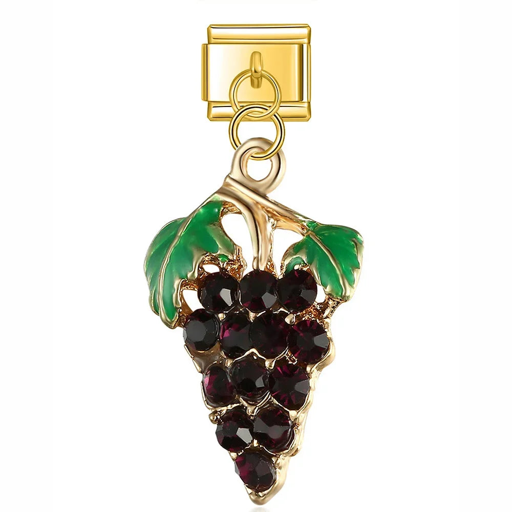 Puzzle Elephant Dog Pineapple Charms – grape bunch charm in gold with green enamel leaves and purple CZ, Italian charm bracelet charm by Charmtastic