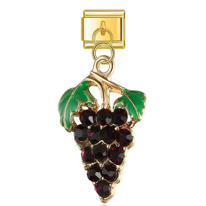 Puzzle Elephant Dog Pineapple Charms – grape bunch charm in gold with green enamel leaves and purple CZ, Italian charm bracelet charm by Charmtastic