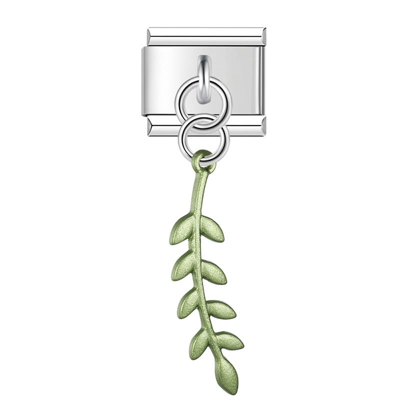 Green Leaves dangle charms – fern sprig dangle charm in green, Italian charm bracelet charm by Charmtastic