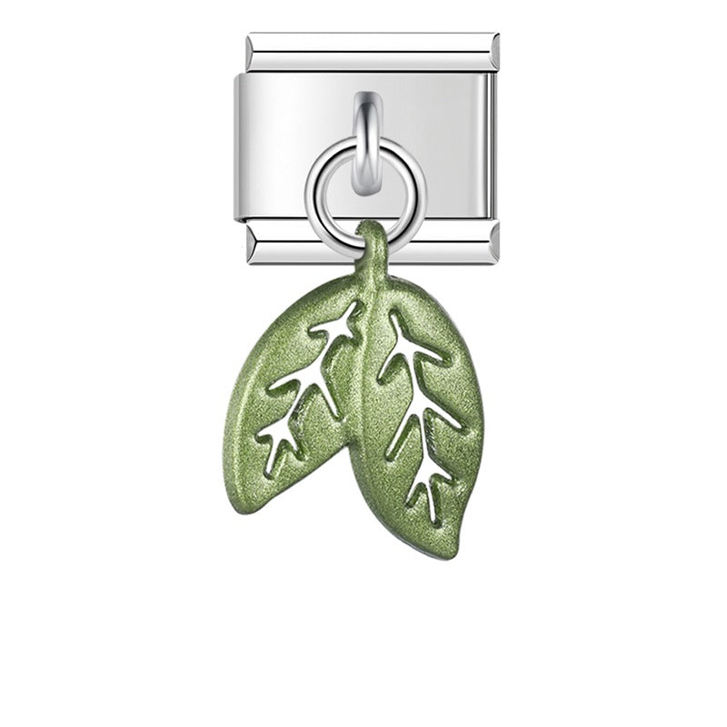 Green two leaf sprig dangle Italian charm, by Charmtastic