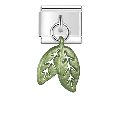 Green two leaf sprig dangle Italian charm, by Charmtastic