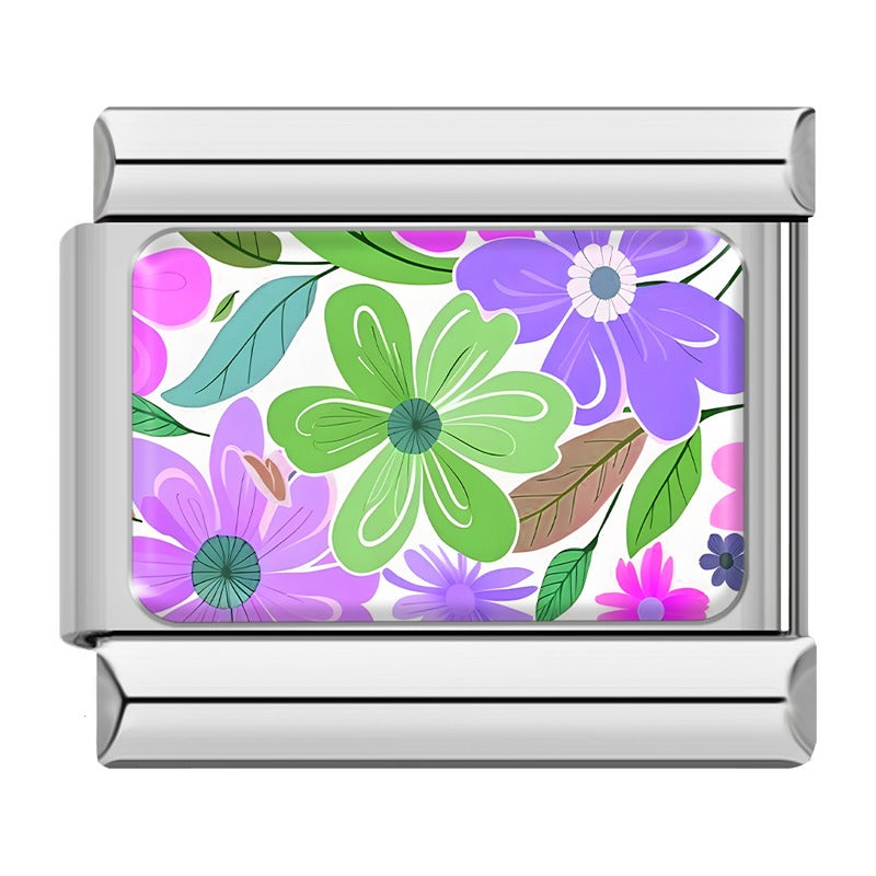 Green and purple floral pattern Italian charm bracelet charm, by Charmtastic