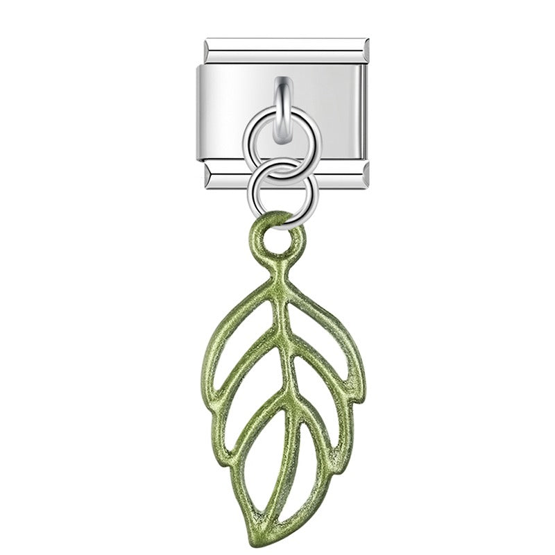 Green skeleton leaf dangle Italian charm, by Charmtastic
