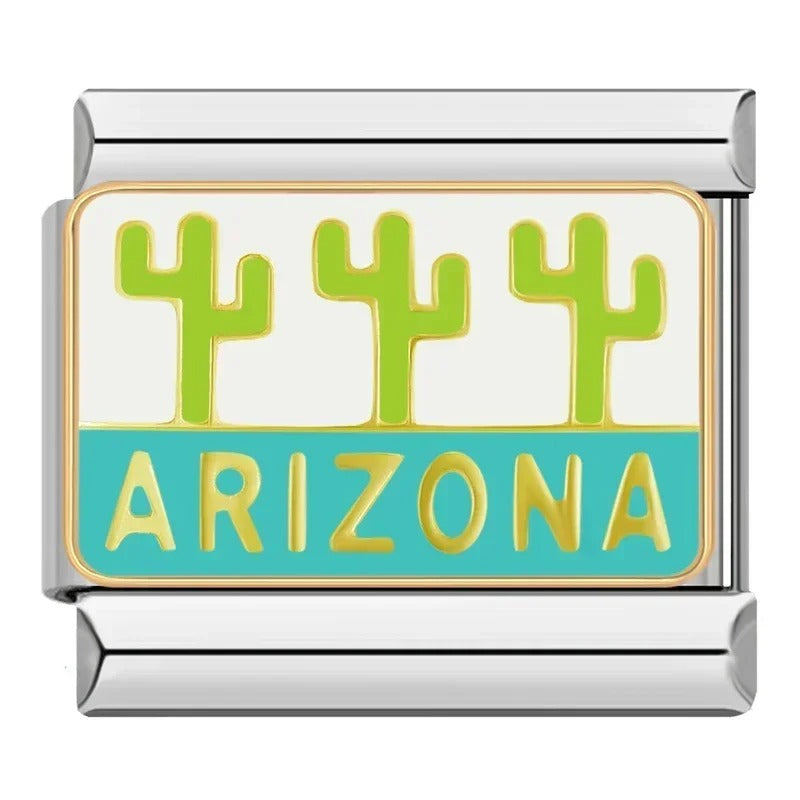 Green Themed Charms Eye Star Heart – Arizona word enamel charm with three green cacti on white and teal background, Italian charm bracelet charm by Charmtastic