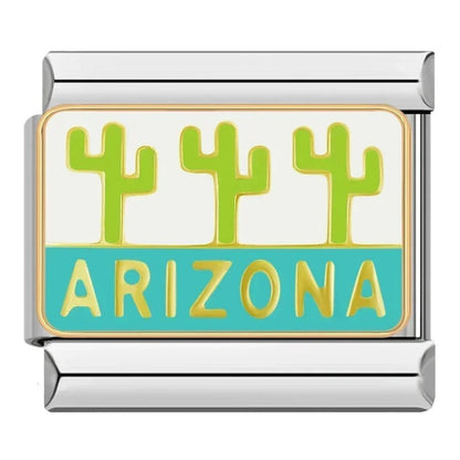 Green Themed Charms Eye Star Heart – Arizona word enamel charm with three green cacti on white and teal background, Italian charm bracelet charm by Charmtastic