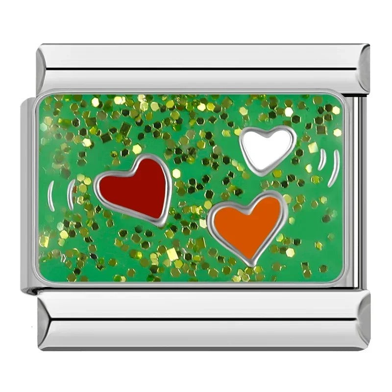 Green Themed Charms Eye Star Heart – red, white and orange hearts enamel charm on green glitter background, Italian charm bracelet charm by Charmtastic