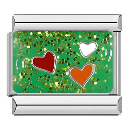 Green Themed Charms Eye Star Heart – red, white and orange hearts enamel charm on green glitter background, Italian charm bracelet charm by Charmtastic
