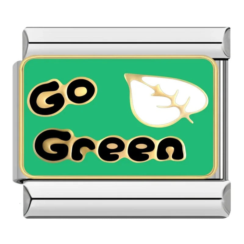 Green Themed Charms Eye Star Heart – Go Green word enamel charm with white leaf on green background, Italian charm bracelet charm by Charmtastic