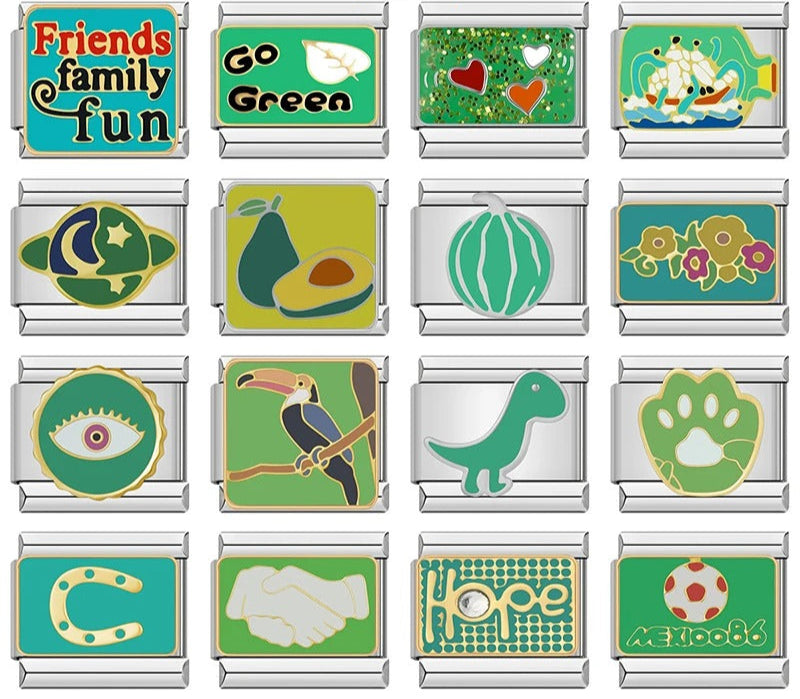 Green Themed Charms Eye Star Heart – overview of 16 green enamel charms: Friends Family Fun, Go Green leaf, glitter hearts, ship in a bottle, planet with moon and stars, avocado, watermelon, flowers, evil eye, toucan, dinosaur, paw print, horseshoe, handshake, Hope, and Mexico 86 soccer ball, Italian charm bracelet charms by Charmtastic
