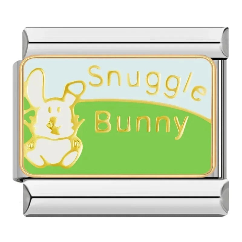 Green Themed Charms Eye Star Heart – Snuggle Bunny word enamel charm with white rabbit illustration on green hill background, Italian charm bracelet charm by Charmtastic