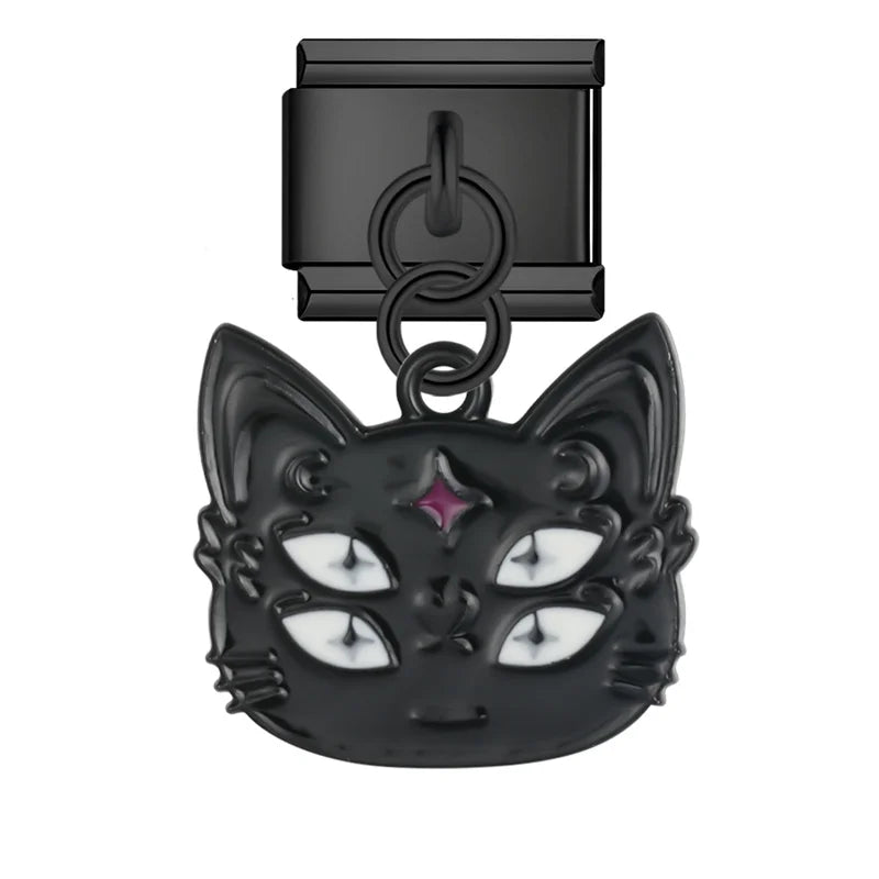 Black cat face Halloween dangle Italian charm, by Charmtastic