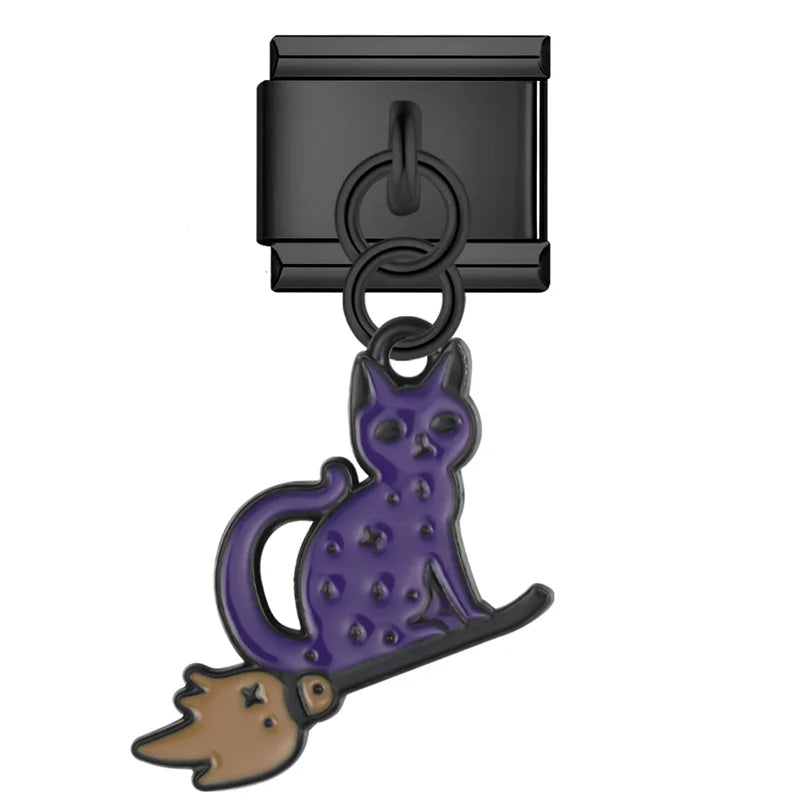 Cat on broom Halloween dangle Italian charm, by Charmtastic