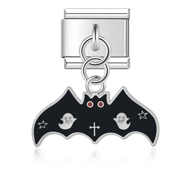 Halloween themed Ghost Castle Bat charms – second view of silver bat charm with ghost and cross details, Italian charm bracelet charm by Charmtastic